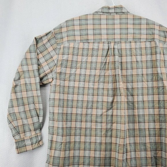 L L Bean Shirt Men's 3/4 Sleeve Button Up Reg Fit Plaid Green Blue Cream Medium - Picture 10 of 12